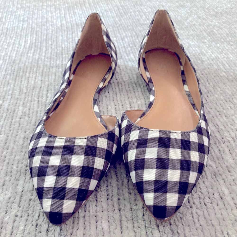 J.Crew Black White Gingham Pointed Toe D’Orsay Flats Size 7 Office Classic Prep